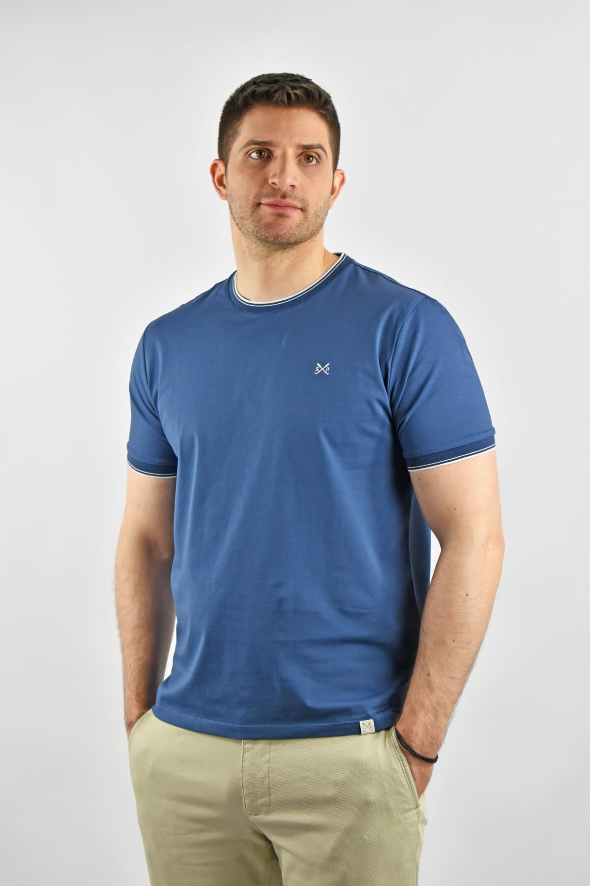 Shutton Blue T-shirt Με Ρίγα Στο Γιακά